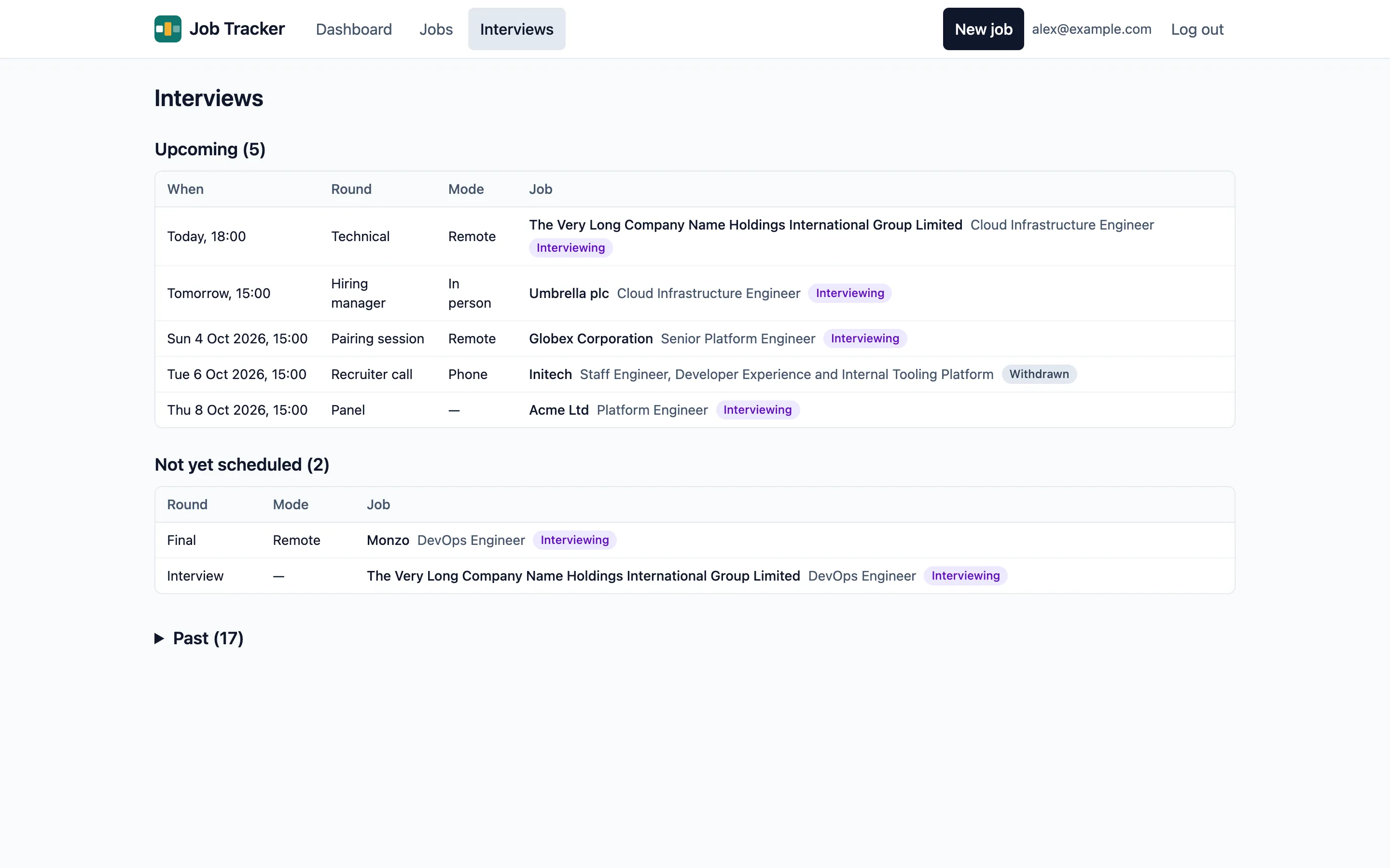 The interviews page: upcoming, not yet scheduled, and past