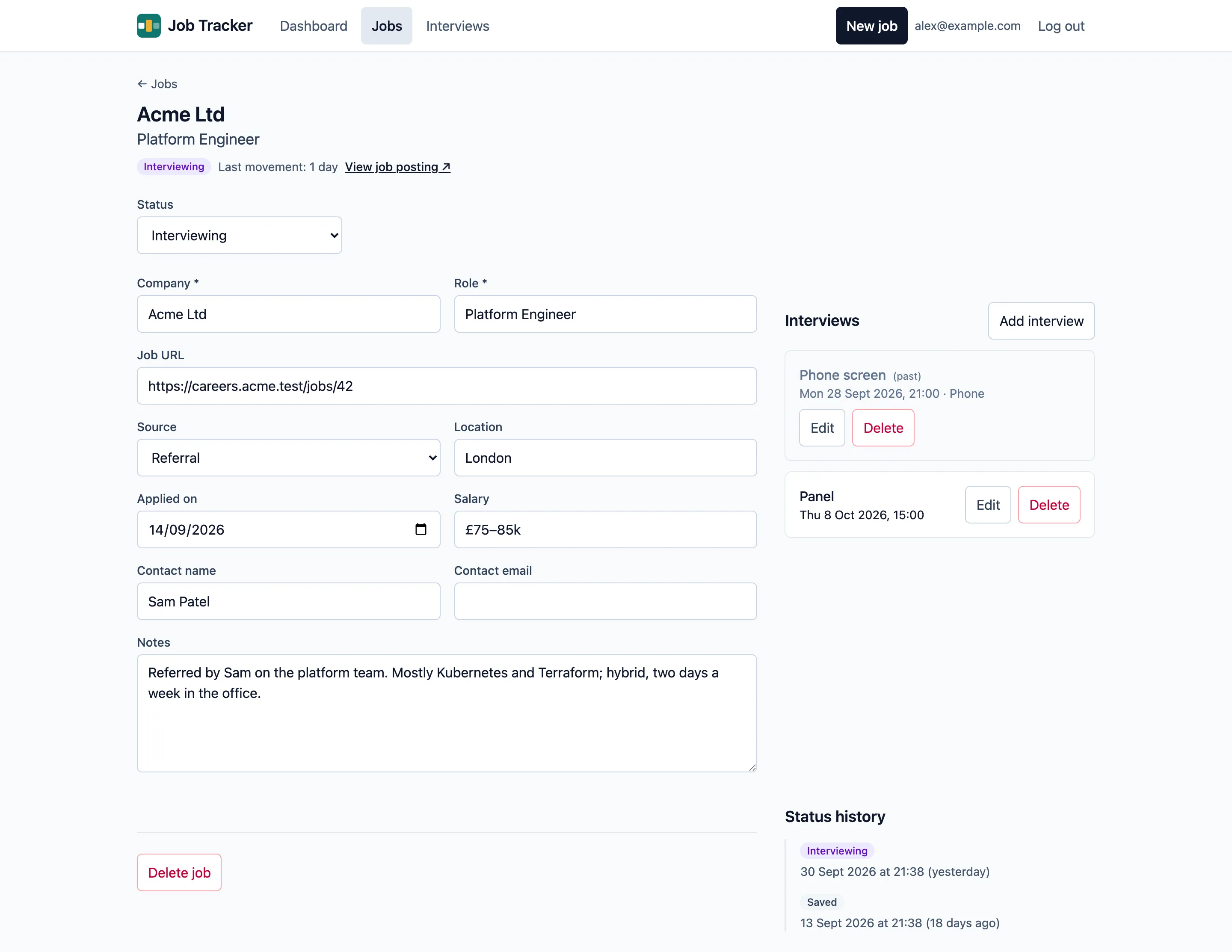 A job’s page: its status, details, interviews and status history