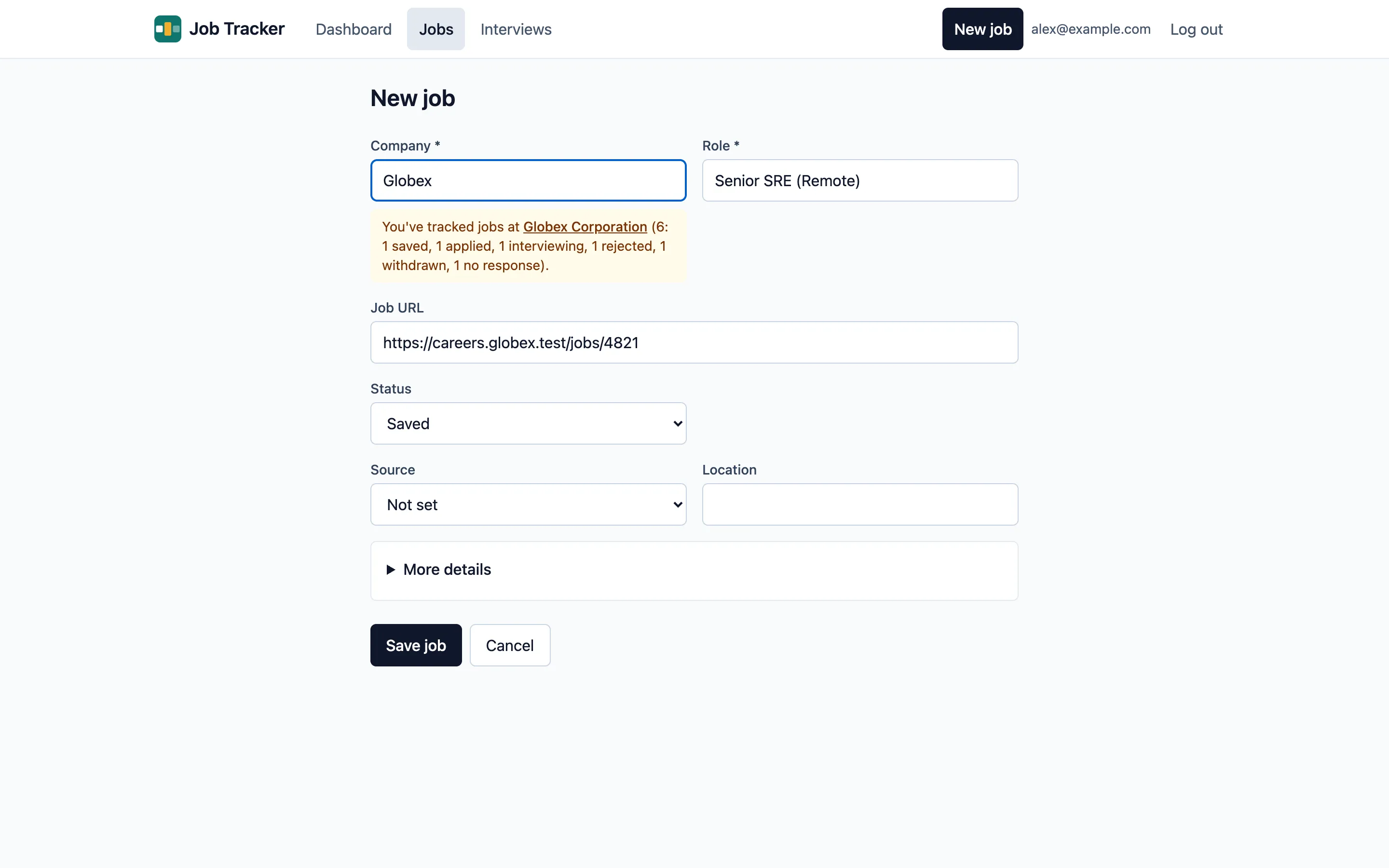 The new job form, filled in from a posting’s link, with a note about jobs already tracked at the same company